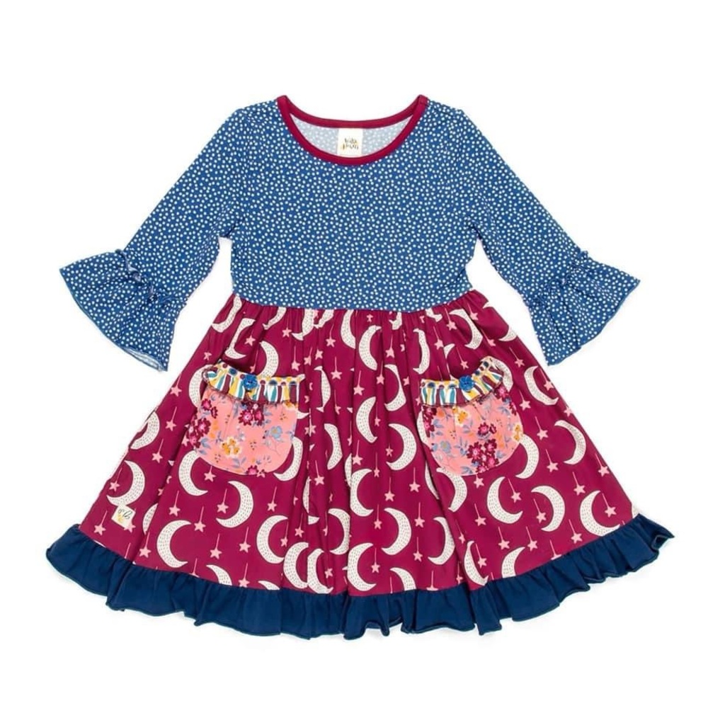 Wildflowers Moon Print 3/4 Ruffle Sleeve Dress